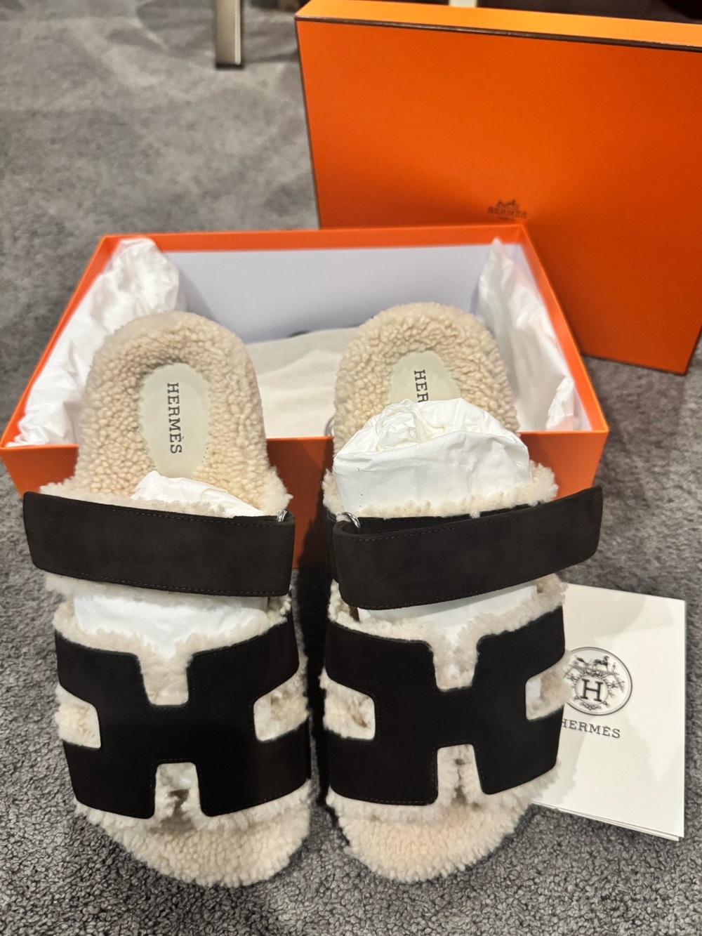 Hermes  Shearling Slip-On Slides in Cream and Dark Brown